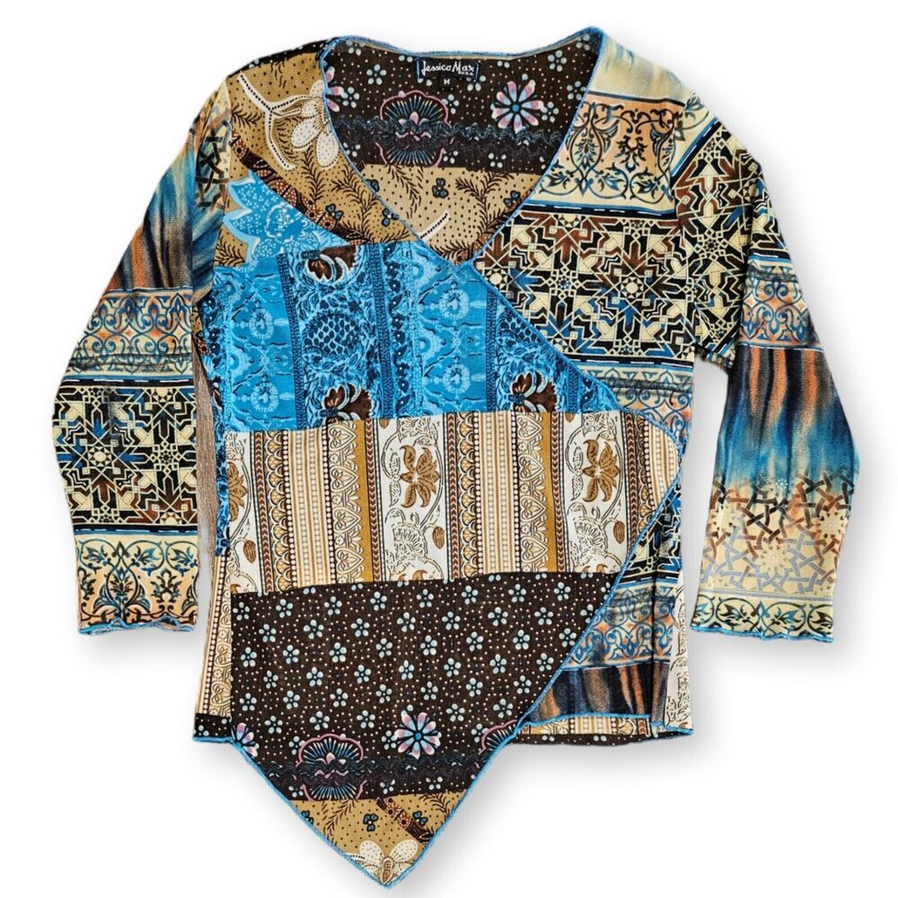 Jessica Max 3/4 Sleeve Blouse Size M 90s Y2K Boho Indie Top Mesh Sheer V Neck